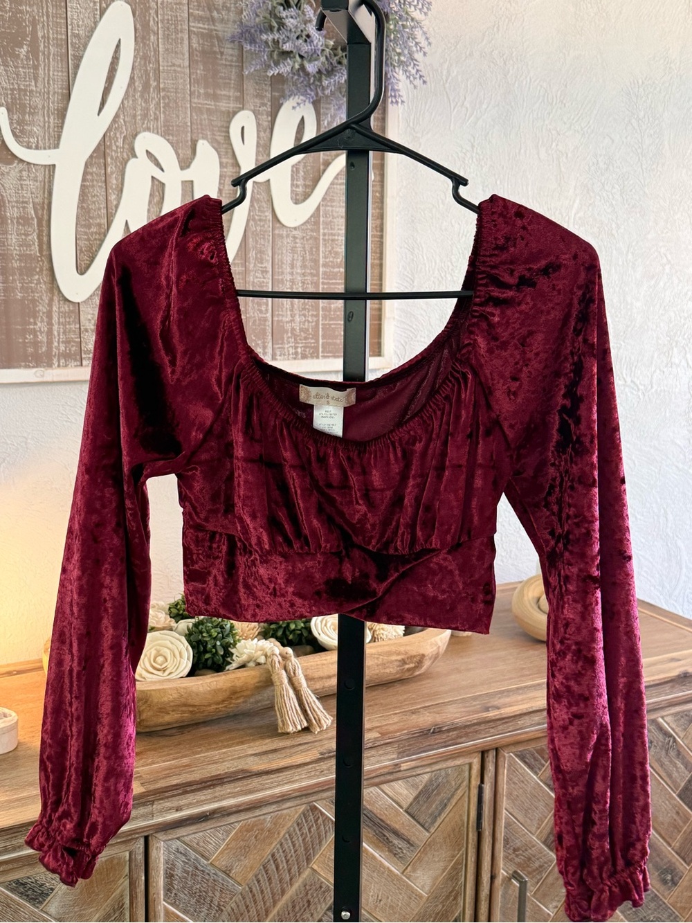 Altar'd State Burgundy Velvet Long Sleeve Crop Top